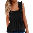 thumbnail image 1 of Gunia Womens Tank Tops Frill Smocked Crop Tie Shoulder Strap Vest Tanks Tops Blouse T Shirts Cami Tops For Women Black, 1 of 7
