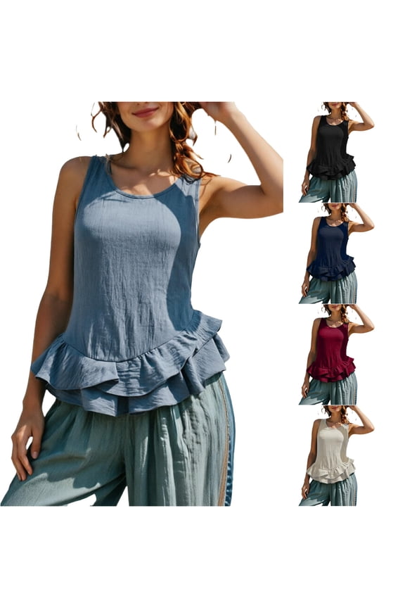 Womens Tank Tops Sleeveless Ruffle Casual Knit Crew Neck Flowy Hemline Layering Undershirt Ribbed Stretch Comfort Breathable Summer Cami Tank Tops For Women Blue