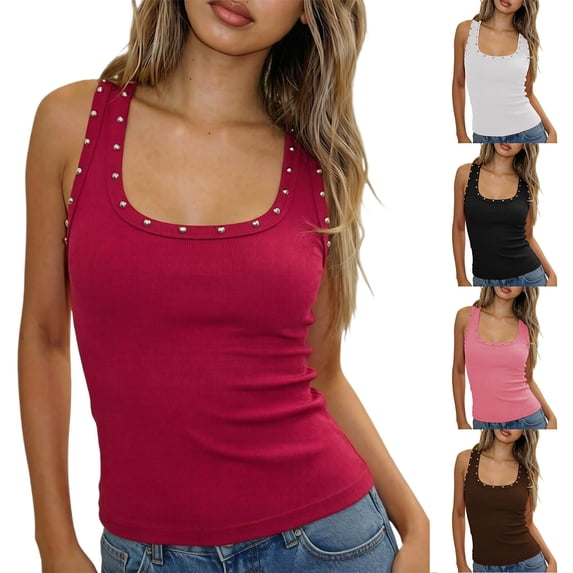 Gunia Womens Tank Tops Square Neck Sleeveless Rhinestone Tee Shirts Slim Fit Going Out Vest Blouse Size L Black
