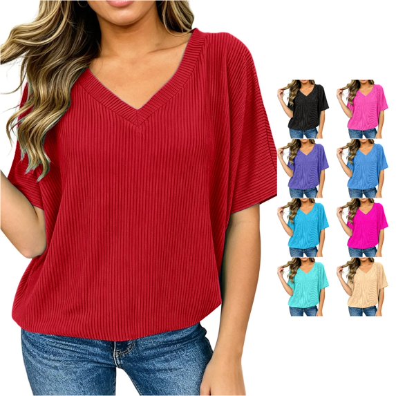 Gunia Womens Tshirts Plus Size V Neck Summer T Shirt Casual Loose Solid Color Batwing Shirt Soft Ribbed Short Sleeve Basic Tops T-Shirts For Women Red 4Xl