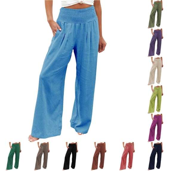 Gunia Womens Wide Leg Pants High Waisted Palazzo Solid Color Stretch Casual Trousers With Pockets Summer Flowy Pants