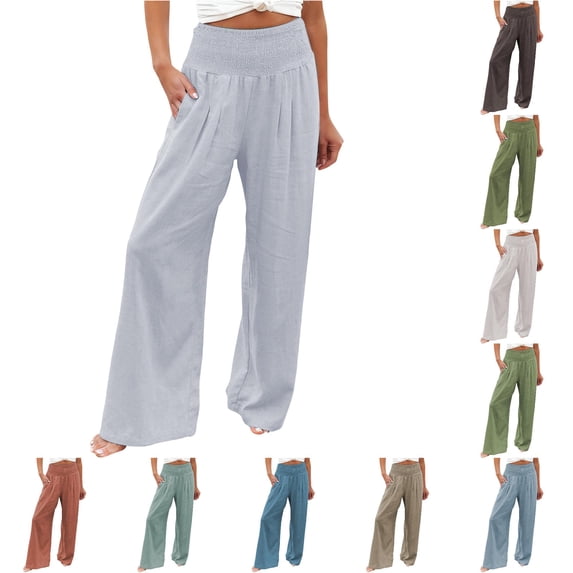 Gunia Womens Wide Leg Pants High Waisted Palazzo Solid Color Stretch Casual Trousers With Pockets Summer Flowy Pants