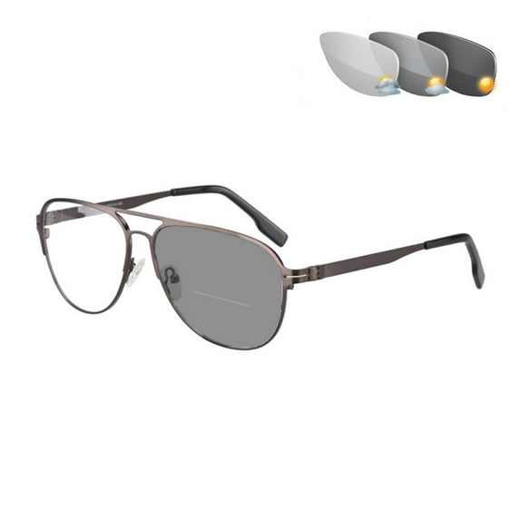 Gunmetal Bifocal Photochromic Gray Reading Glasses 2.00 Aviator-Style Sunglasses Presbyopic Eyeglasses Oversized Metal Readers +2.00 for Men and Women UV