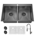thumbnail image 1 of Gunmetal Black Stainless Steel 33 in. 18 Gauge Double Bowl Dual Mount Kitchen Sink with Black Spring Neck Faucet, 1 of 10