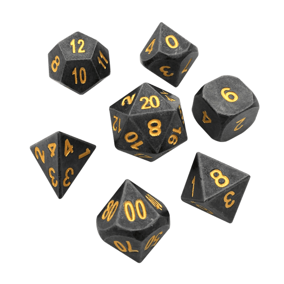 Gunmetal Color with Gold Numbering Metal Polyhedral Dice Set (7 Die in Pack) -