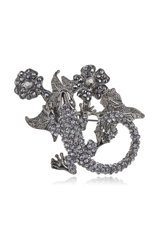 Gunmetal Dark Tone Salamander Lizard Flower Plant Crystal Rhinestone Pin Brooch