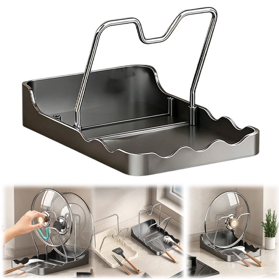 Gunmetal Grey Spoon Rest & Pot Lid Holder with Drip Tray – Heavy-Duty Carbon Steel Kitchen Utensil Stand, Heat-Resistant Countertop Organizer for Spoons, Spatulas & Lids