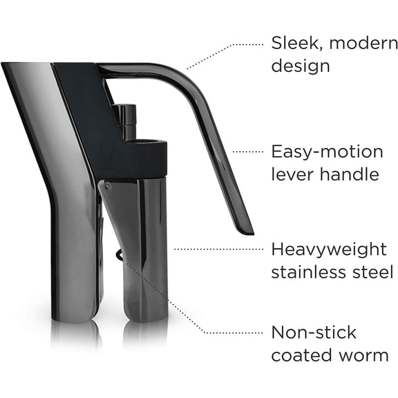 Gunmetal Heavyweight Lever Corkscrew Wine Bottle Opener, Gunmetal Black Plated Finish, Non-Stick Coated Worm
