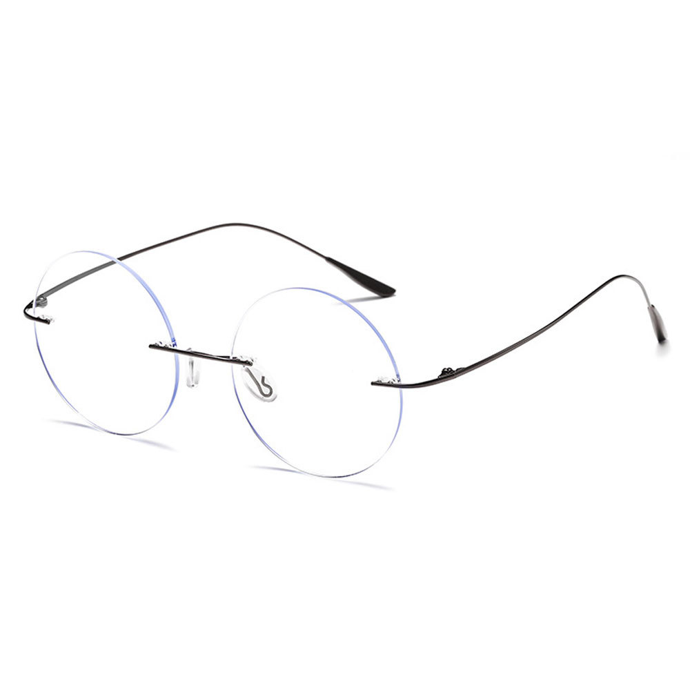 Gunmetal Oversized Round Lightweight Screw-Free Reading Glasses 1.00 Titanium Alloy Anti-Blue Light Rimless Readers +1.00 Strength