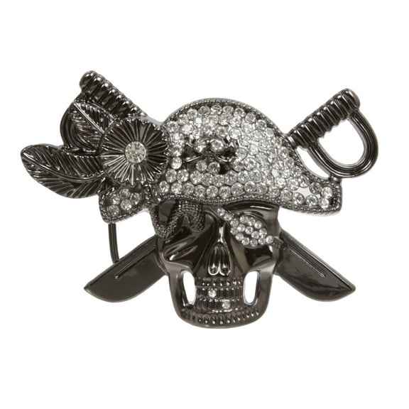 Gunmetal Pirate Skull Rhinestone Belt Buckle, 4.75"x3.25"