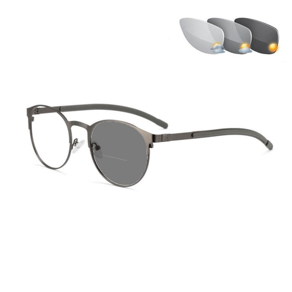 Gunmetal Round BIFOCAL Photochromic Reading Glasses 2.00 for Women and Men Presbyopic Eyeglasses Outdoor Sports Fishing Metal Sunglasses Readers +2.00 UV