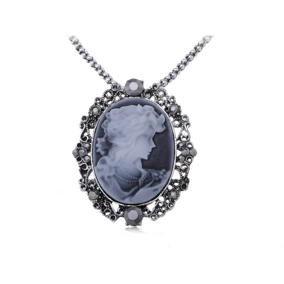 Gunmetal Tone Grey Crystal Rhinestones Cameo Lady Victorian Maiden Pendant Necklace