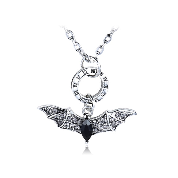 Gunmetal Tone Roman Numeral Time Clear Black Crystal Rhinestones Flying Bat Pendant Necklace