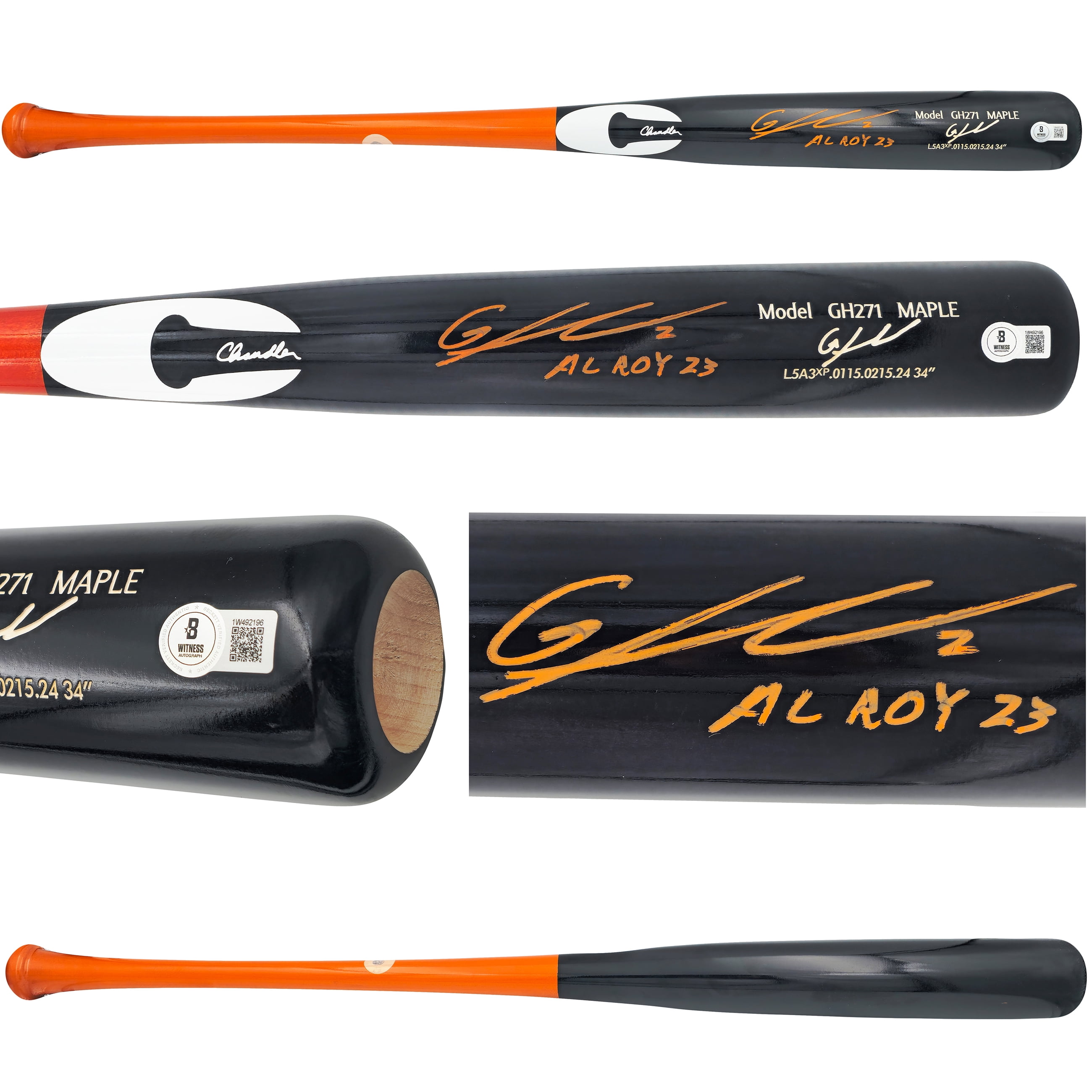 Gunnar Henderson Autographed Black Chandler Player Model Baseball Bat Baltimore Orioles "AL ROY 23" Beckett BAS Witness 225828