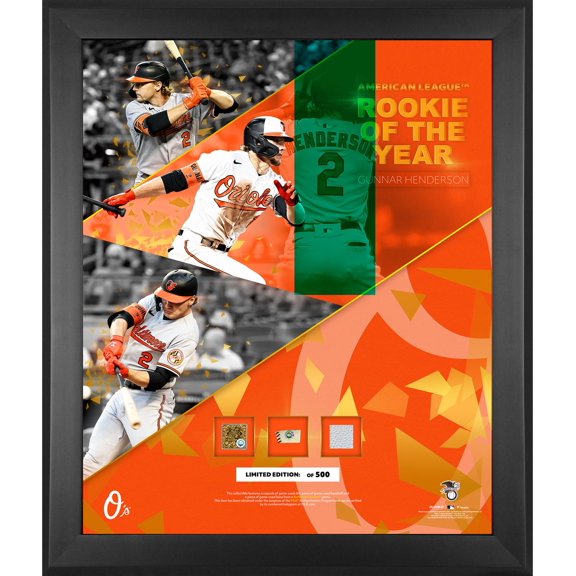 Gunnar Henderson Baltimore Orioles Framed 20" x 24" 2023 American League Rookie of the Year Collage with Pieces of Game-Used Dirt, Baseball and Base - Limited Edition of 500
