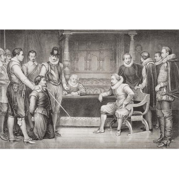 The Gunpowder Plot Guy Fawkes Interrogated by James I & His Council In The Kings Bedchamber, Whitehall Engraved by CFMerckel After RalstonFrom The Book -Illustrations of English & Scottish History