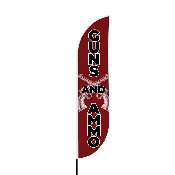 Guns and Ammo Sign feather flag for Outdoor by Mavis Printing | 11.5 FEET Long Polyester Outdoor Banner Flag for Easy Hang | HD Print Swooper IFlag Only to Advertise Guns and Ammo Business IFlag Only