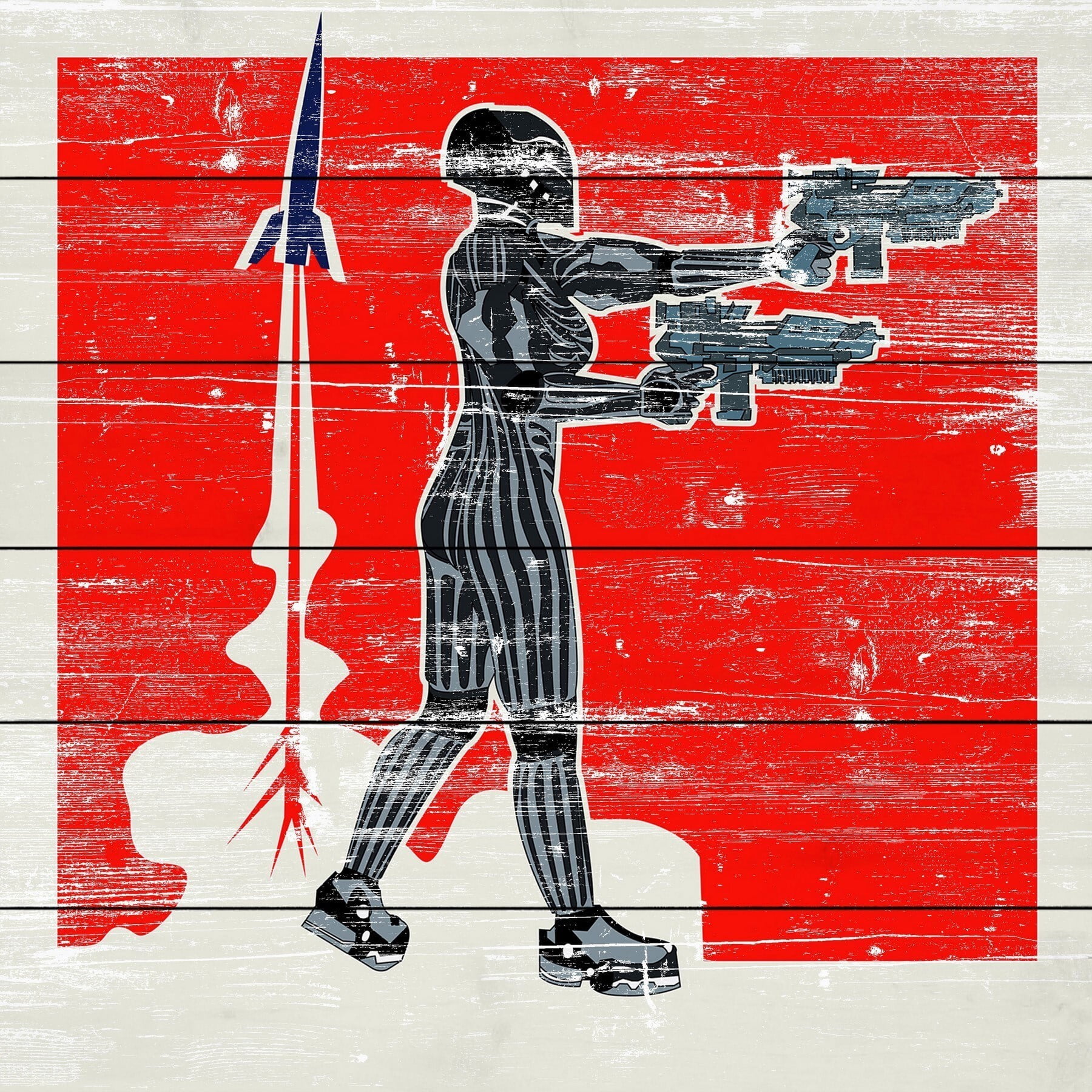 Guns Blazing Painting Print on White Wood