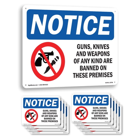 Guns Knives Weapons Banned On These Premises OSHA Notice Aluminum Sign 10 Inch x 7 Inch - 10 Pack