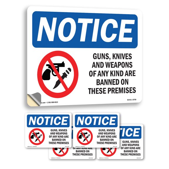 Guns Knives Weapons Banned On These Premises OSHA Notice Vinyl Decal Label 5 Inch x 3.5 Inch - 5 Pack