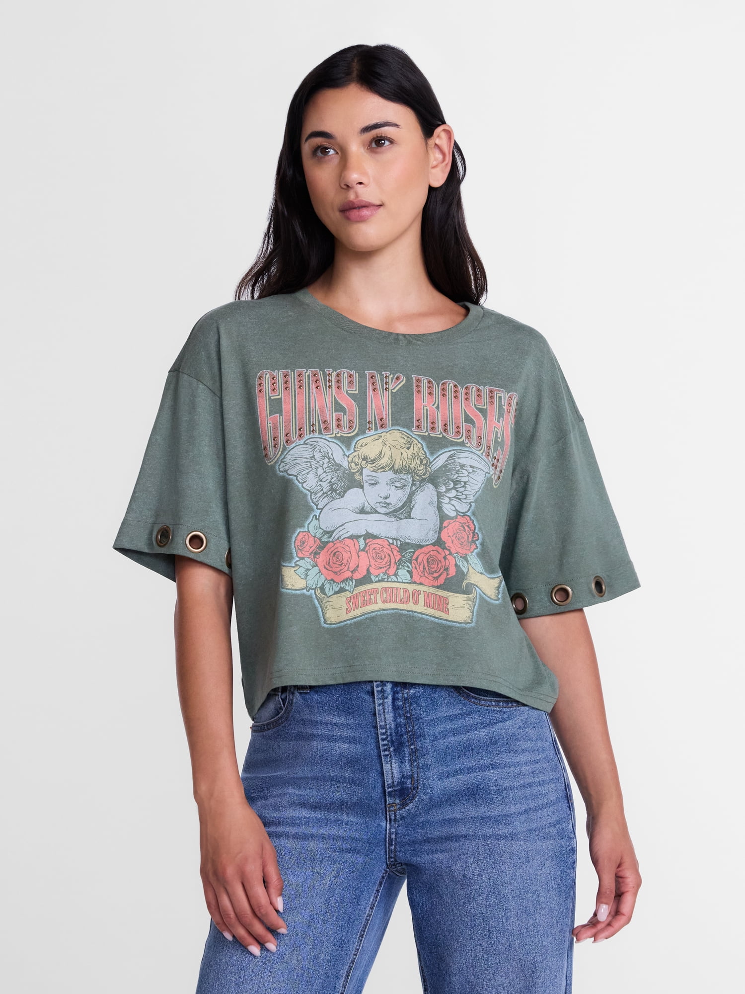 Guns N' Roses Women's Cropped Front Back Graphic Band Tee, Sizes XXS-4X