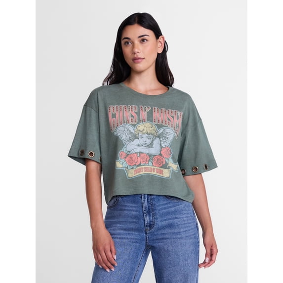Guns N' Roses Women's Cropped Front Back Graphic Band Tee, Sizes XXS-4X