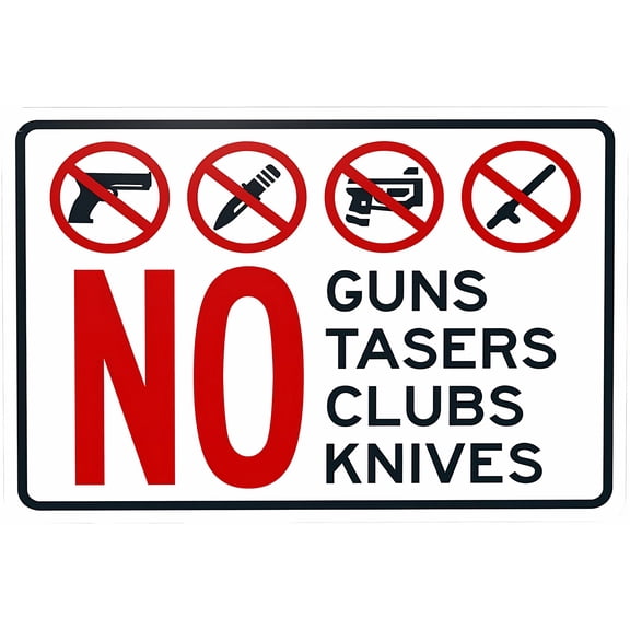 No Guns No Tasers No Clubs No Knives Warning Sign - 8"x12" Door Security Metal Sign for Home Business Outdoor Indoor Road Yard Garage Street Wall, Weapon Prohibition