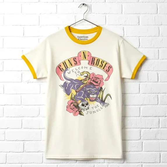 Guns n Roses Welcome to the Jungle Tattoo Ringer T Shirt (Ivory, AdultS)