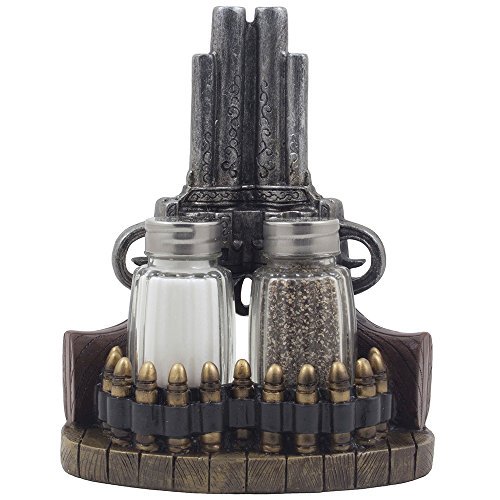 Classic Country Western Six-shooter Pistols with Bullets Salt and Pepper Shaker Set on Decorative Display Stand Figurine in Wild West Kitchen Decor Table Centerpieces As Rustic Gifts for Cowboys