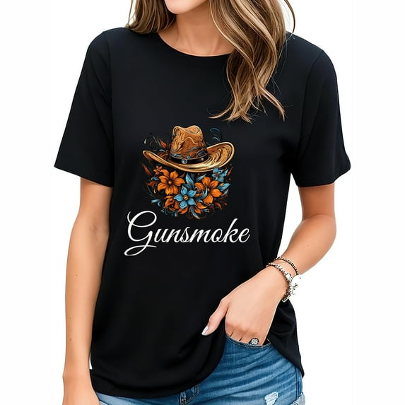 Gunsmoke Cowboy Hat Western Cowgirl Gift Cute Women's Short Sleeve T-Shirt with Vintage Graphics - Perfect Gift for Parties and Birthdays Black Small