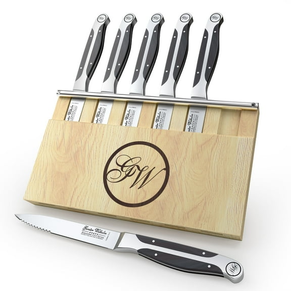 Gunter Wilhelm 7-Piece Steak Knife Set with Wooden Block, German High-Carbon Steel, Ergonomic Black ABS Handles