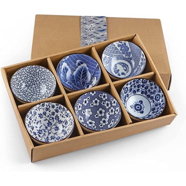 4-Pack Japanese Ceramic Rice Bowls - 33oz Blue White Wave Design Serving Bowls