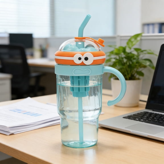 Guodhu 1200ml Large Capacity Water Cup Portable Plastic Straw Cup, Cute Cartoon Big Eye Design With Built-In Tea Infuser, Food-Grade PC Material For Office Gym Travel – Leak-Proof(Blue)