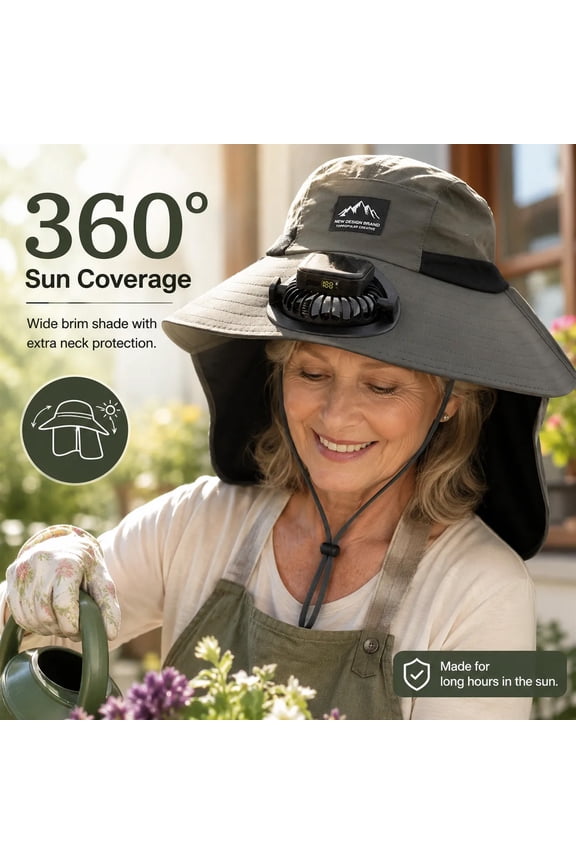 2-in-1 Solar Fan Sun Hat for Hot Outdoor Days, Wide Brim UV Protection Cap with 3 Speed Fan, Hands Free Cooling for Gardening Hiking Beach(Army Green)