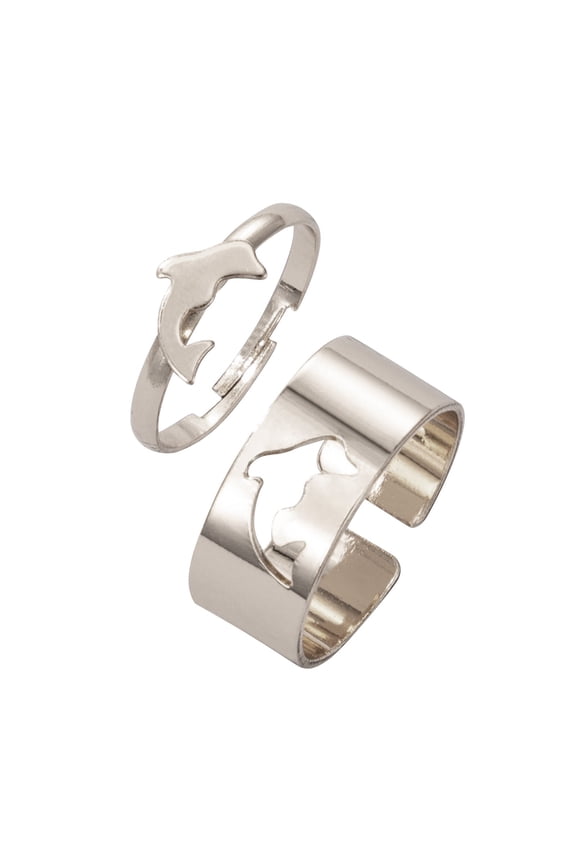 2Pcs Dolphin Rings Pinky Promise Matching Dolphin Couple Ring Silver Plated Dainty Rings Set for Women Men Couple Jewelry