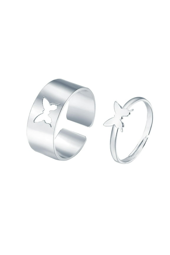 2pcs Butterfly Rings Set for Couples, Matching Promise Rings for Him & Her Adjustable Silver/Gold Plated Split Wedding Band Set Rings Friendship Jewelry