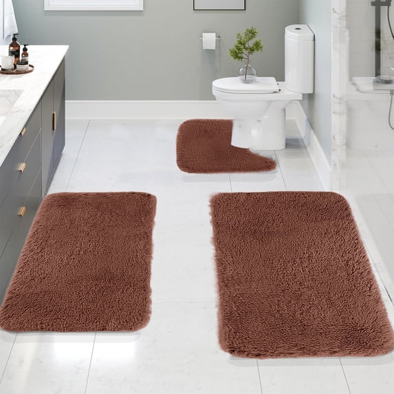 Guodhu 3 Piece Set Solid Color Bath Mats, Soft Velvet Fleece Bathroom Rugs with Non-Slip Latex Backing, Water Absorbent Machine Washable Toilet Mat Set(Brown)