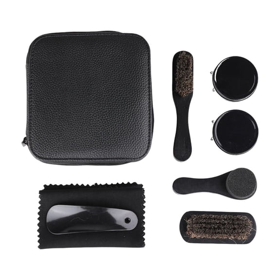 Guodhu 7-Piece Shoe Shine Kit with Black Polish and Clear Wax – Professional Leather Footwear Care Set with Brushes Cloths in Compact Storage Case(Black)