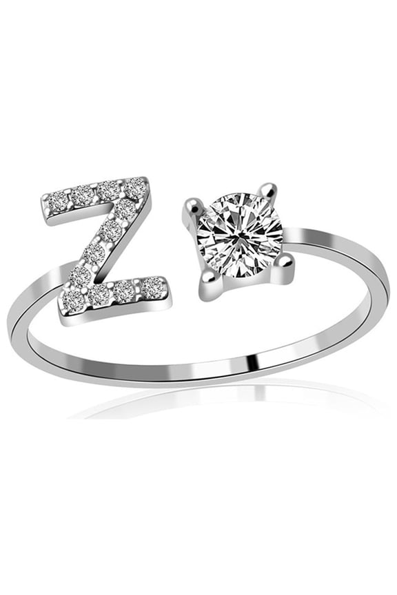 Adjustable Initial Letter Ring for Women Silver Stackable Alphabet Ring with Initial Cubic Zirconia Crystal Inlaid Initial Rings Gifts