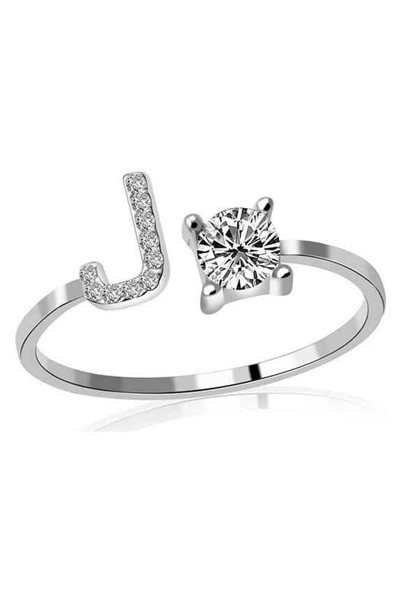 Adjustable Initial Letter Ring for Women Silver Stackable Alphabet Ring with Initial Cubic Zirconia Crystal Inlaid Initial Rings Gifts