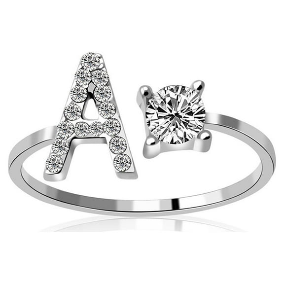 Guodhu Adjustable Initial Letter Ring for Women Silver Stackable Alphabet Ring with Initial Cubic Zirconia Crystal Inlaid Initial Rings Gifts