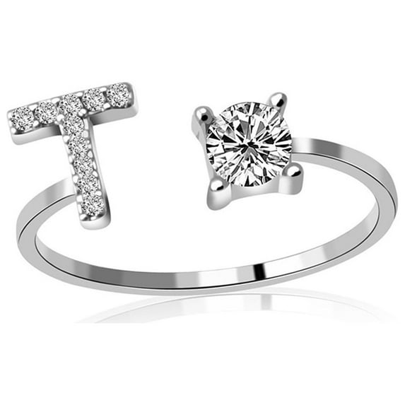 Guodhu Adjustable Initial Letter Ring for Women Silver Stackable Alphabet Ring with Initial Cubic Zirconia Crystal Inlaid Initial Rings Gifts