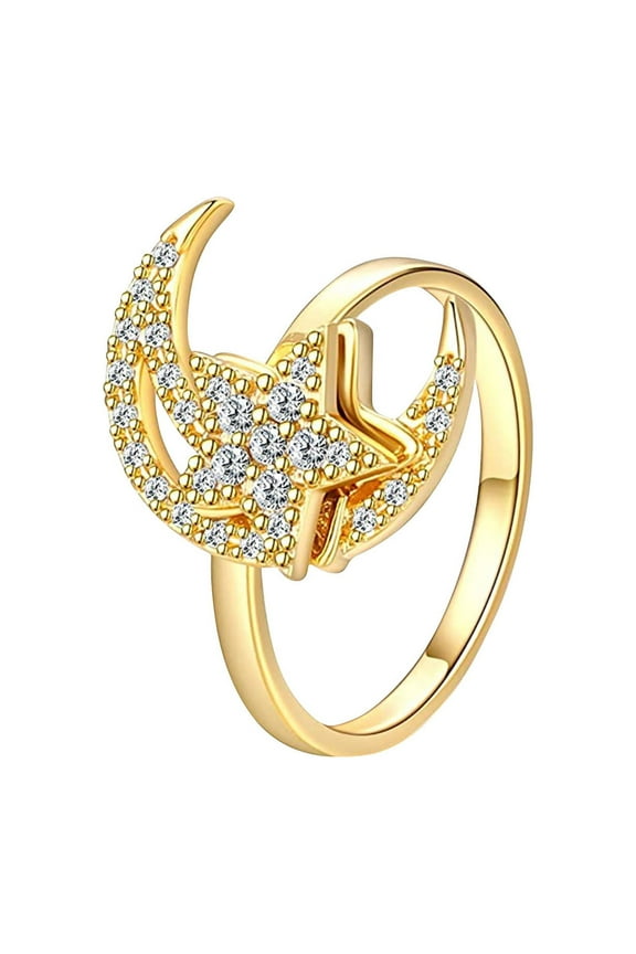 Anxiety Rings for Women Cubic Zirconia Fidget Ring Silver Created Moon Spinner Star Ring Adjustable Open Stress Relieving Ring Jewelry Gift for Women Teen