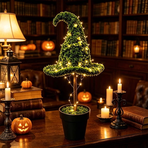 Guodhu Artificial Witch Hat Boxwood Topiary Tree 22 Inch – Faux Potted Shrub for Halloween Porch Thanksgiving Indoor Outdoor Decoration(Green A)