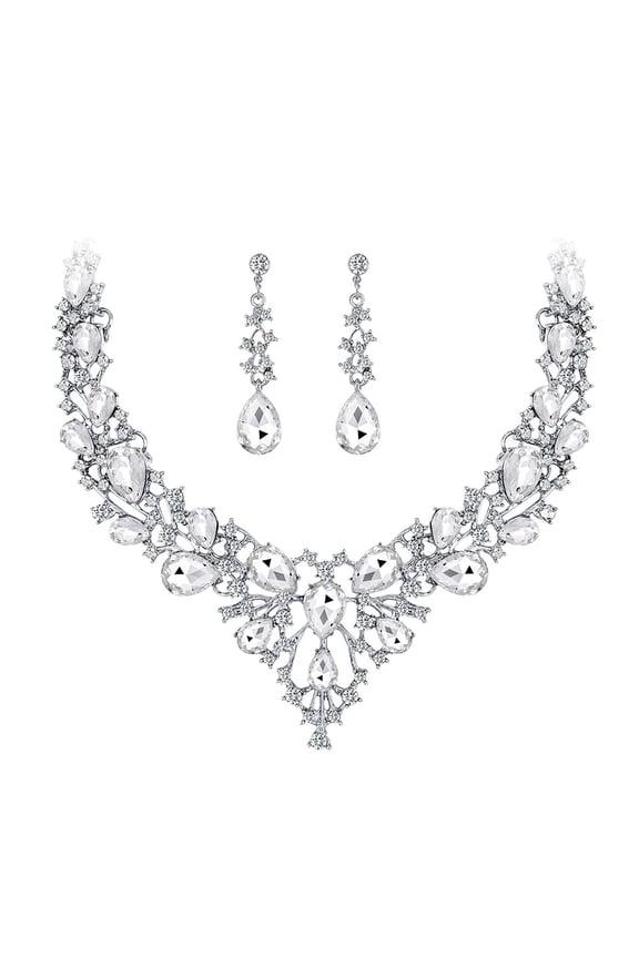 Austrian Crystal Teardrop Cluster Necklace Earrings Bridal Jewelry Sets for Brides Wedding Party Accessories Gifts for Women