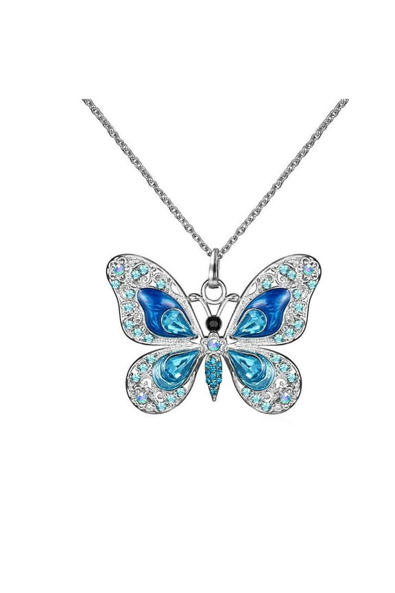 Bohemian Butterfly Jewelry – Rhinestone & Enamel Long Chain Necklace for Women, Colorful Butterfly Pendant Necklace Vintage Multilayer Ethnic