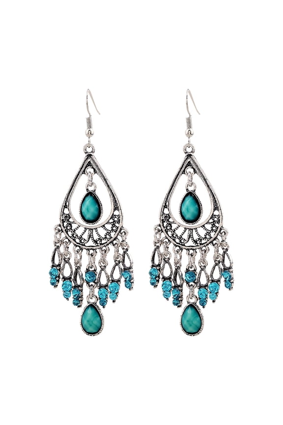 Bohemian Tassel Drop Earrings for Women, Silver-Toned Dangle Earrings with Green Stone , Vintage Boho Statement Earrings Jewelry, Hippie Earrings for Beach Festival