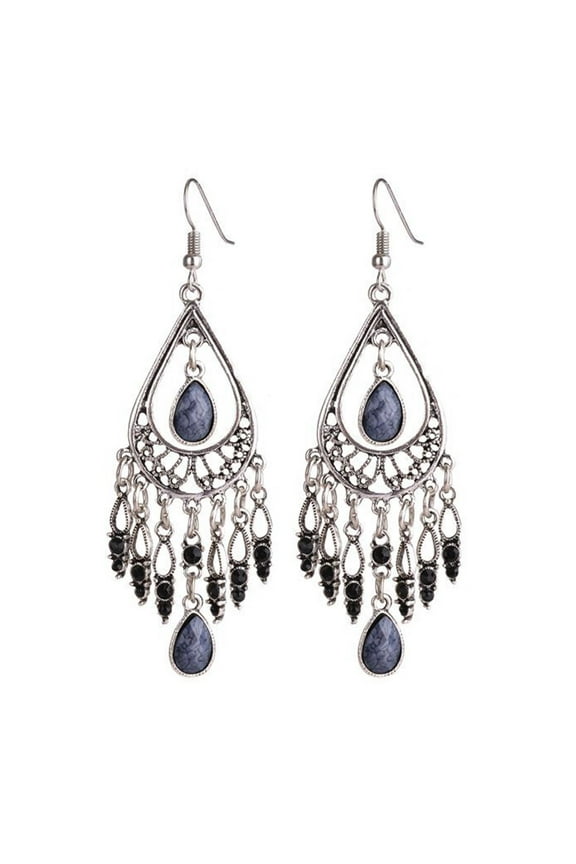 Bohemian Tassel Drop Earrings for Women, Silver-Toned Dangle Earrings with Green Stone , Vintage Boho Statement Earrings Jewelry, Hippie Earrings for Beach Festival