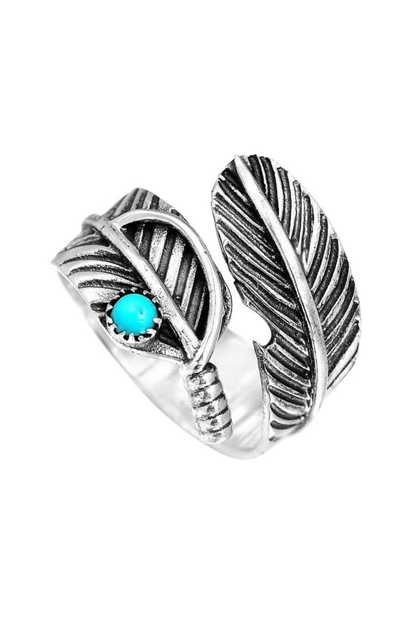 Boho Feather Turquoise Adjustable Ring Vintage Wide Feather Rings Women Men Turquoise Western Style Jewelry gifts Wrap Thumb Finger Ring Open