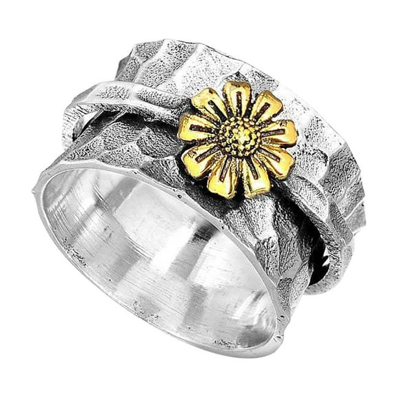 Guodhu Boho Sunflower Spinner Ring, Fidget Rings for Women Vintage Silver and Brass Sunflower Wide Band Fidget Meditation Anxiety Ring jewelry